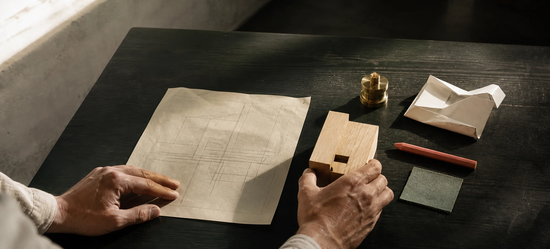 Hands review a drawing and material samples on a dark worktable.