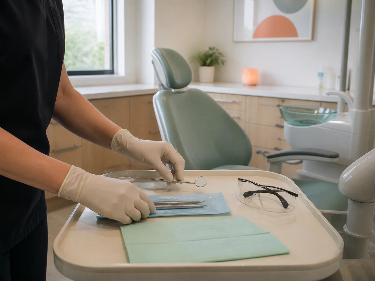 A dental professional prepares a tray in a calm treatment room.