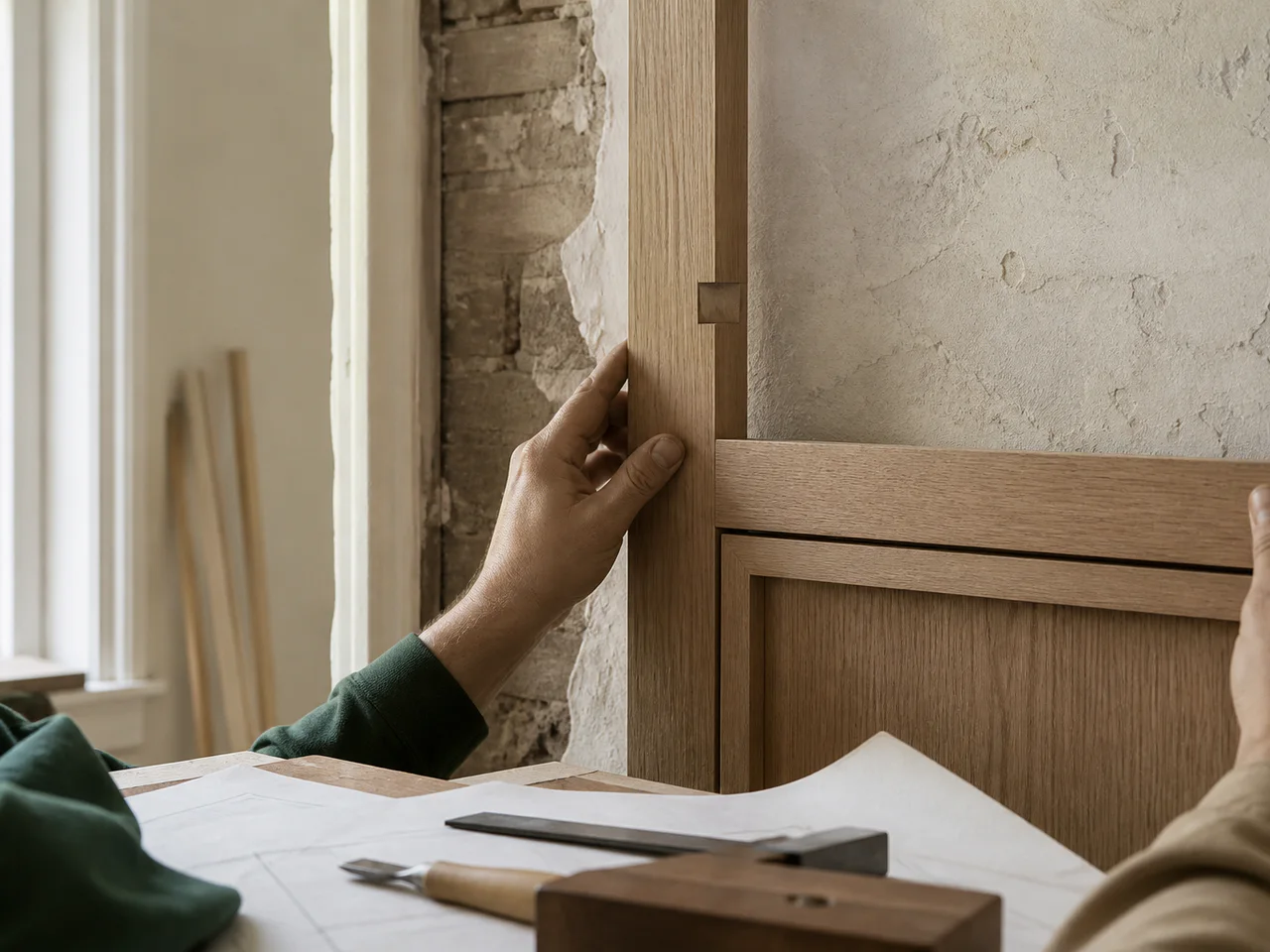 A craftsperson aligns oak cabinet joinery over plans.