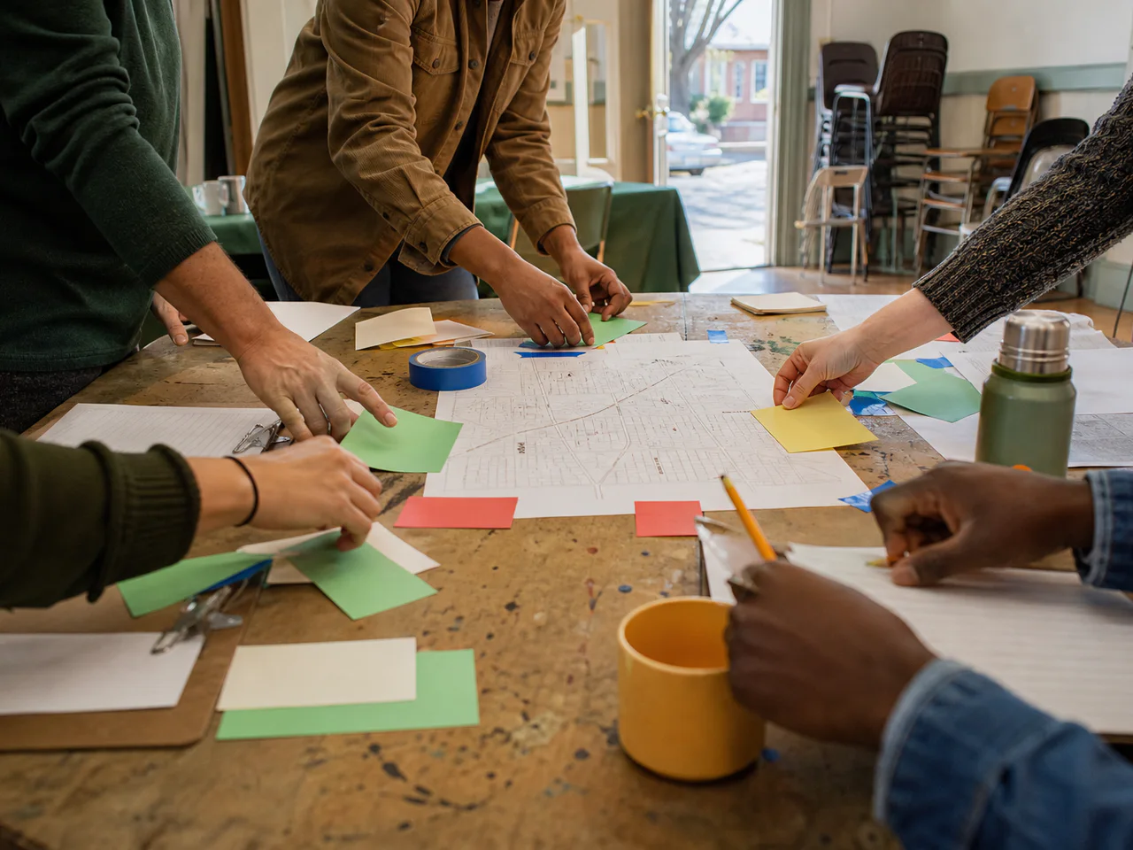 Community volunteers arrange route materials around a neighborhood map.