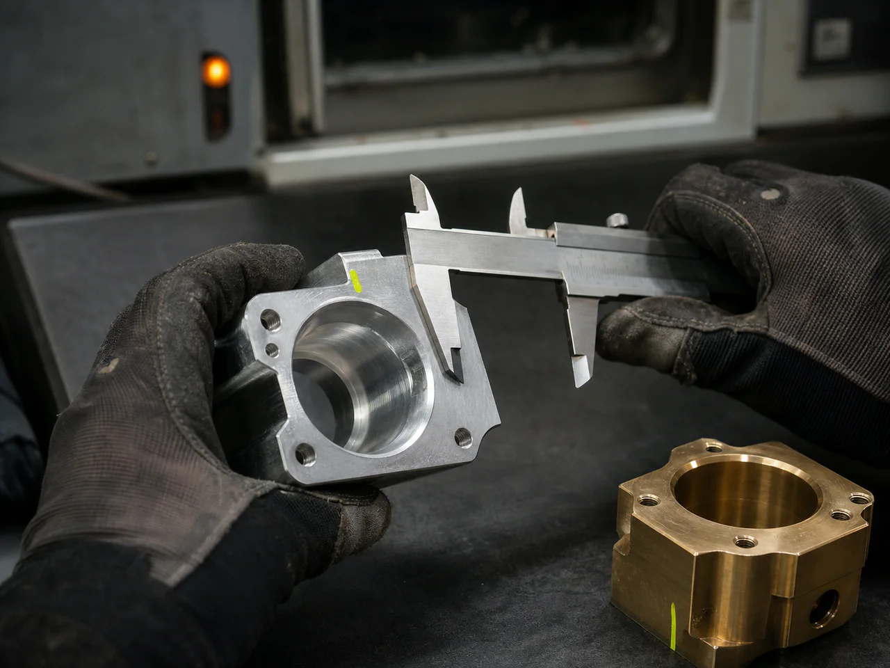 A gloved technician measures a machined component with a caliper.
