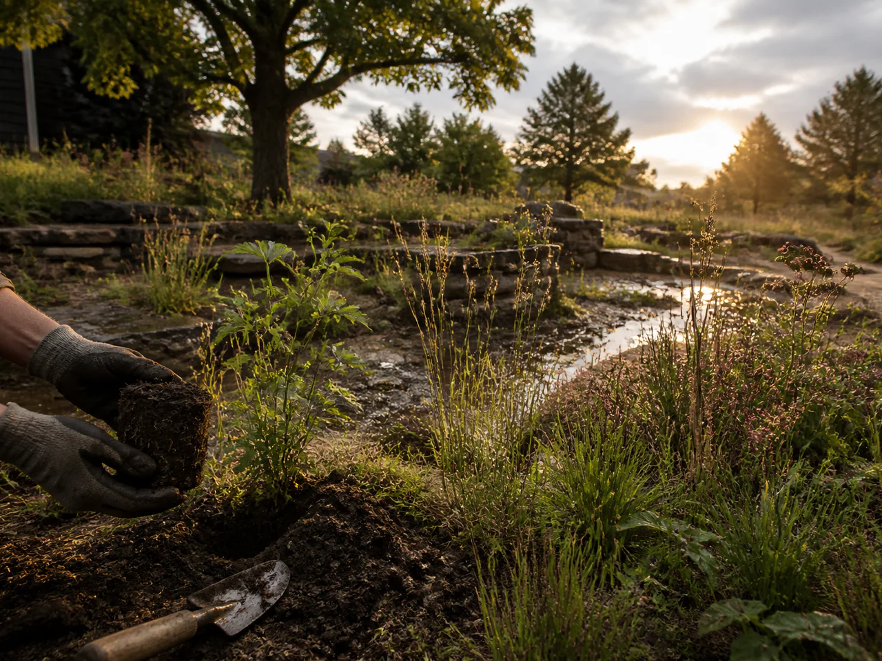 A gardener places a young plant in a naturalistic garden.