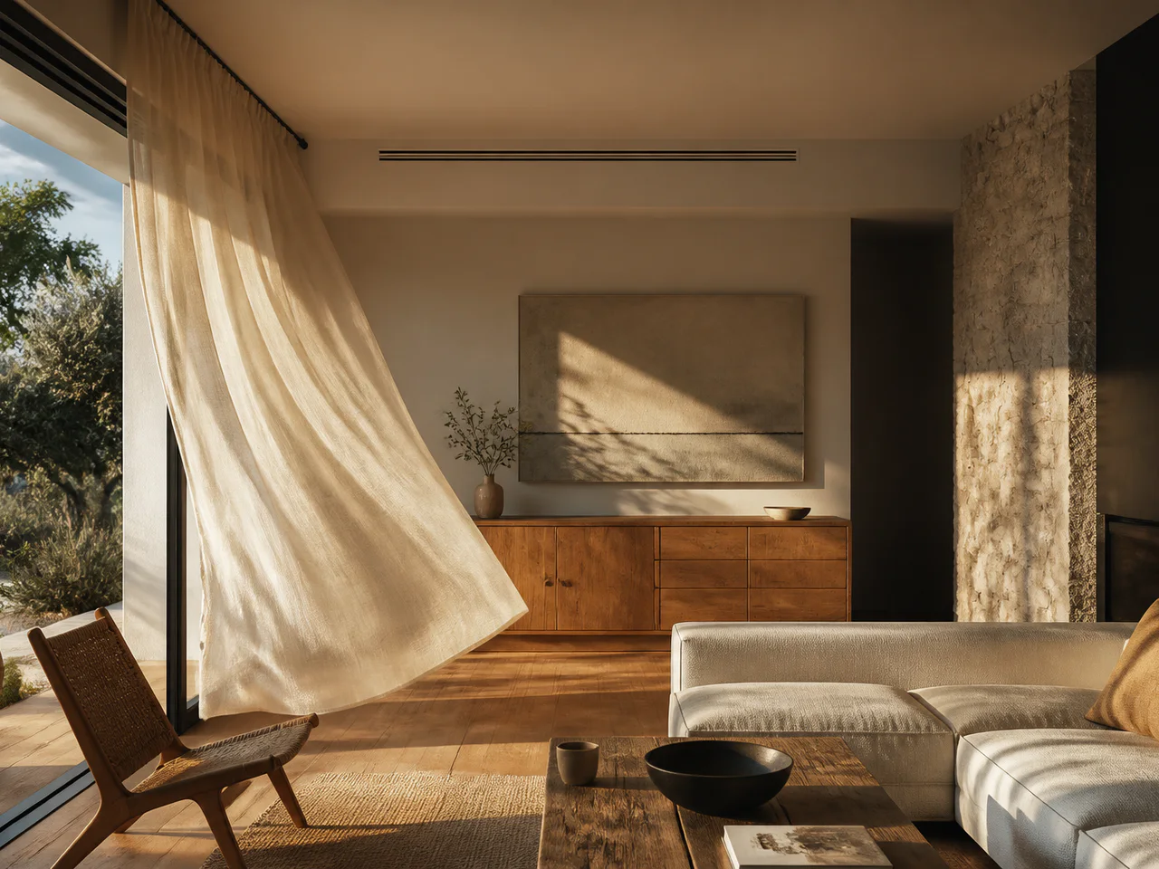 Sunlit home interior with a curtain moving beside a ceiling vent.