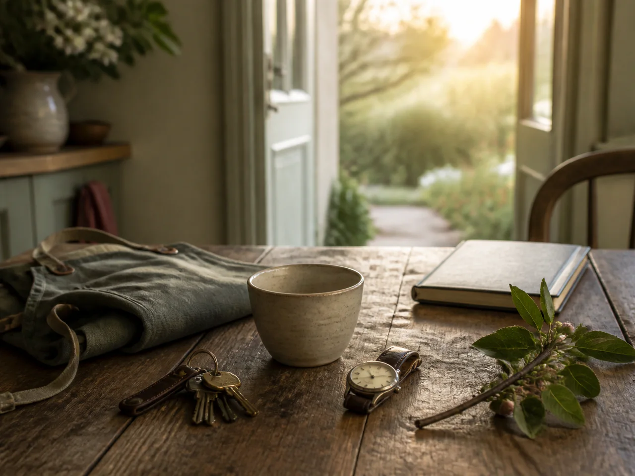 Everyday life objects rest on a table opening onto a garden.