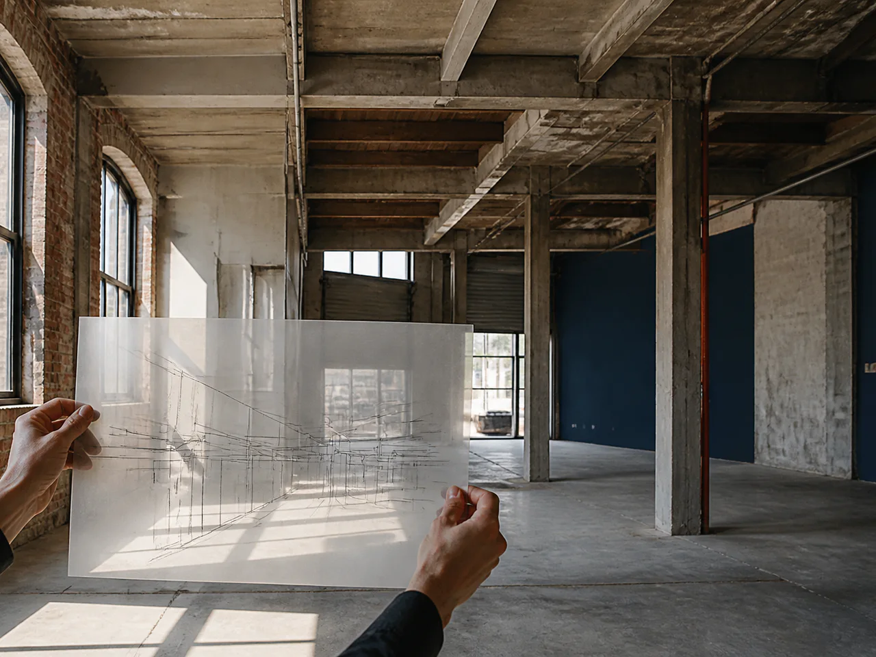 Hands compare a transparent space sketch with a raw empty workplace.