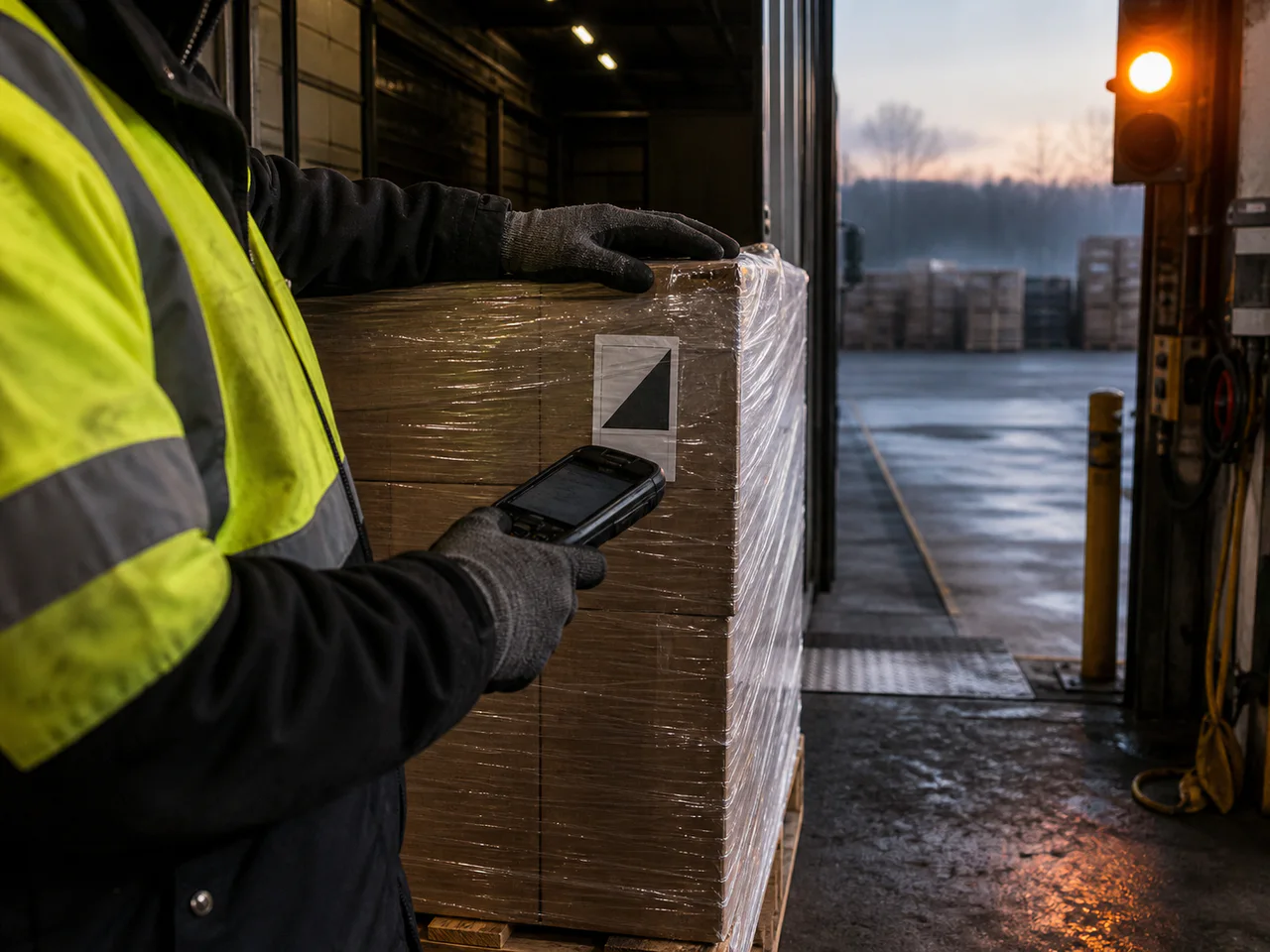 A dock worker scans a wrapped pallet at dawn.