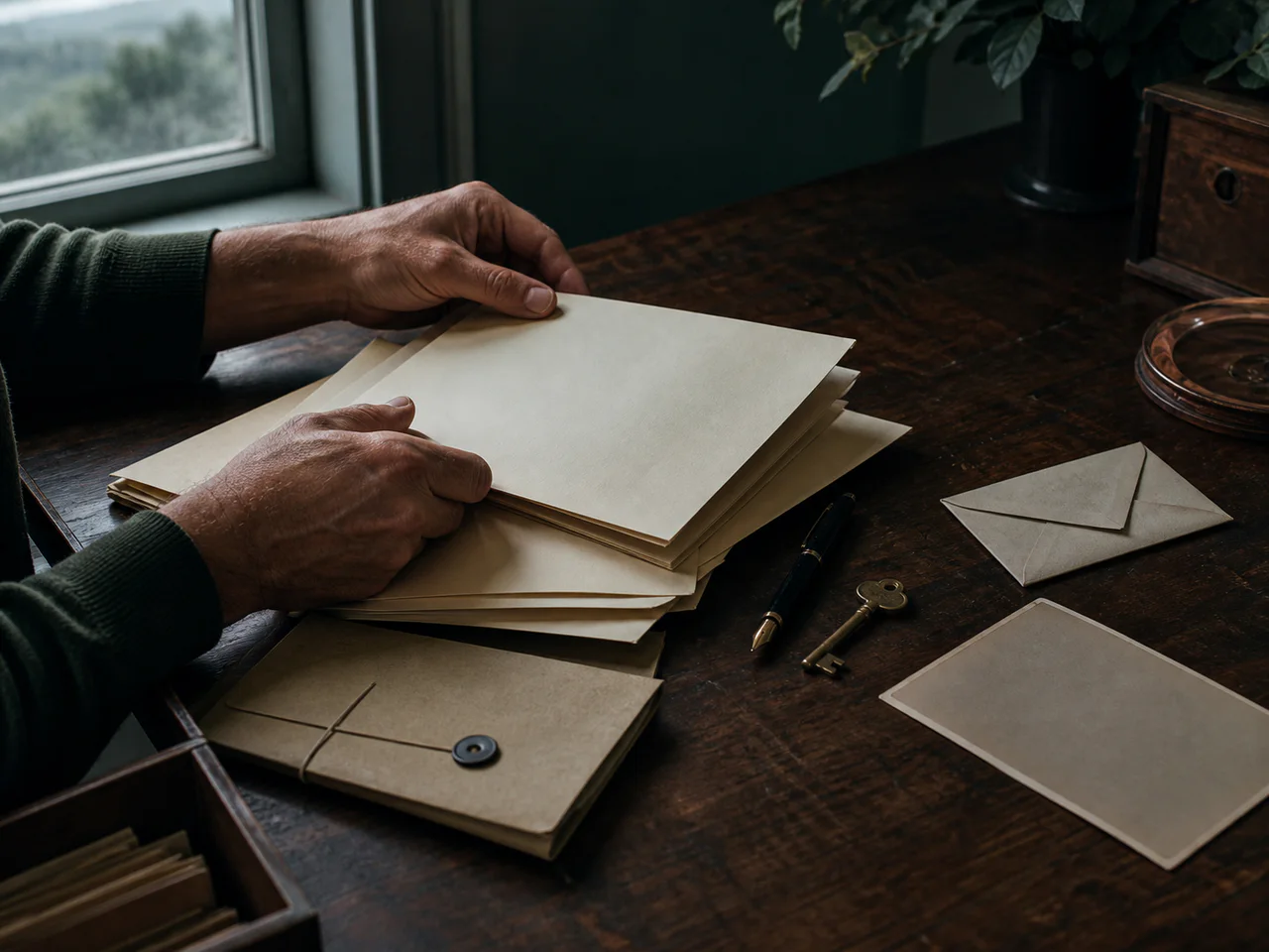 Hands organize cream archive folders beside a key and envelope.