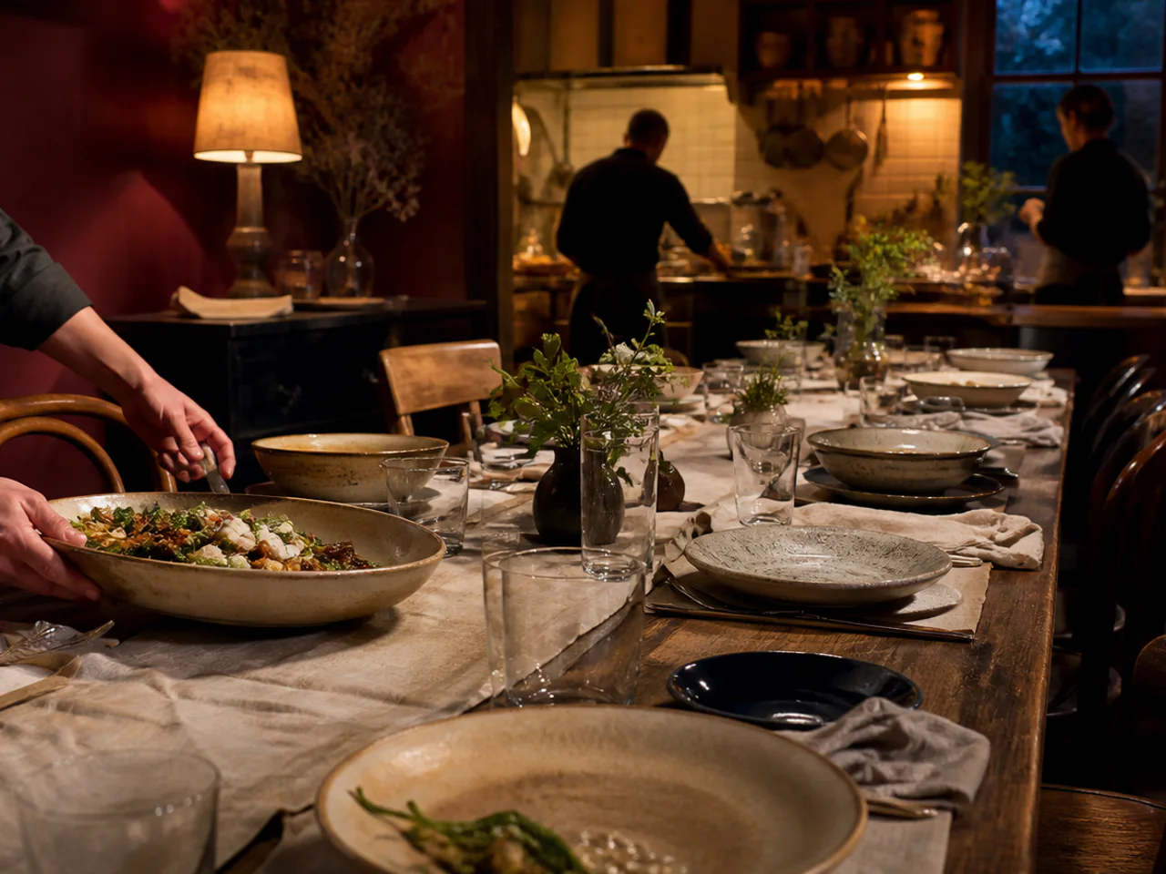 A restaurant team sets an intimate communal table.