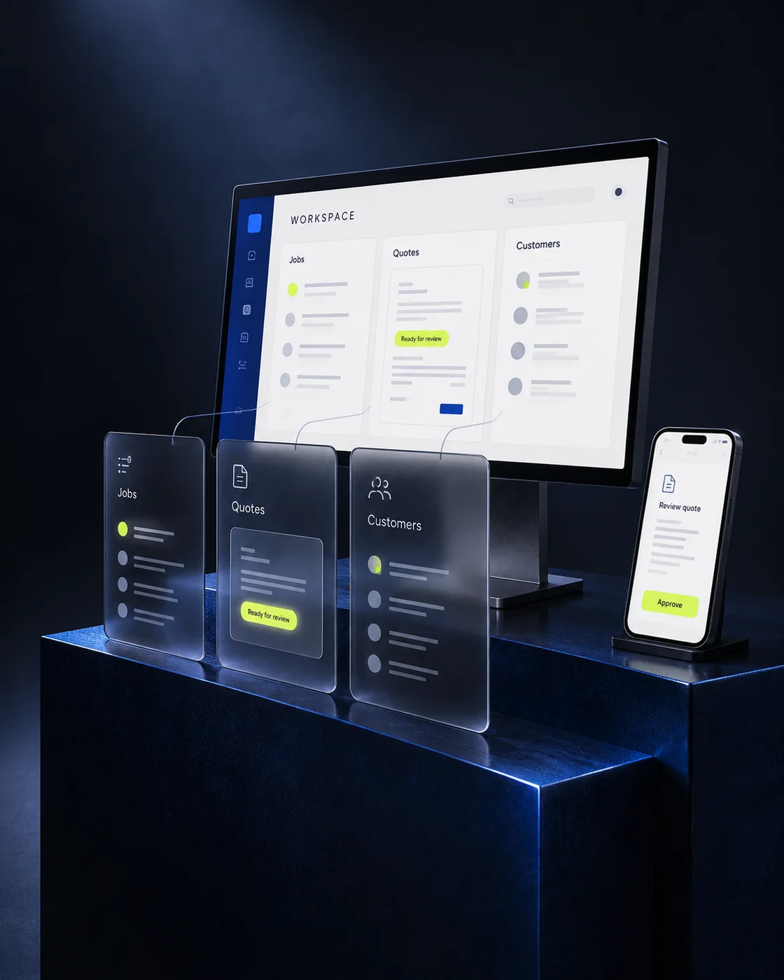 Concept custom workspace bringing jobs, quotes, and customers together, with a matching mobile approval screen.